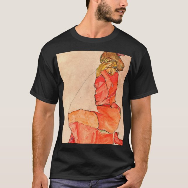 Egon Schiele - knäfalla som är kvinnligt i orange T Shirt (Framsida)