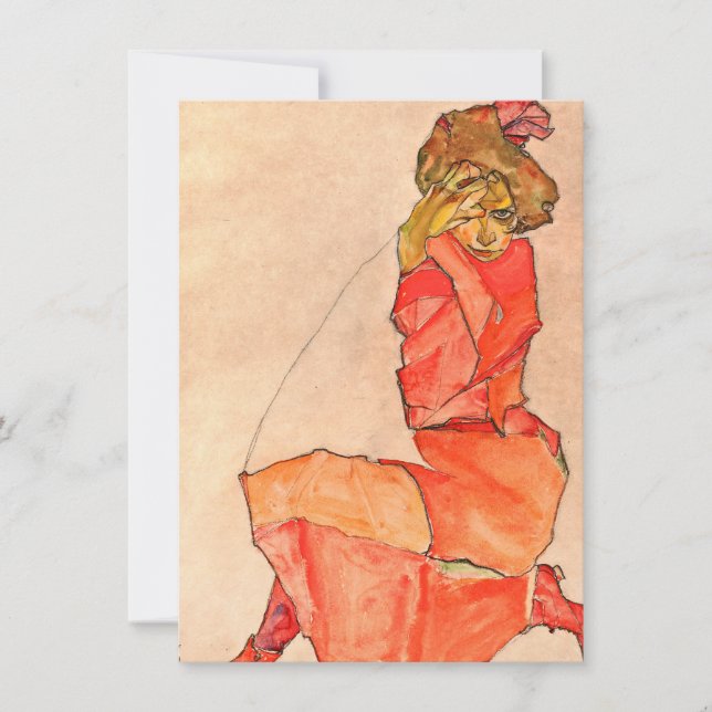 Egon Schiele - knäfalla som är kvinnligt i orange Tack Kort (Framsida)