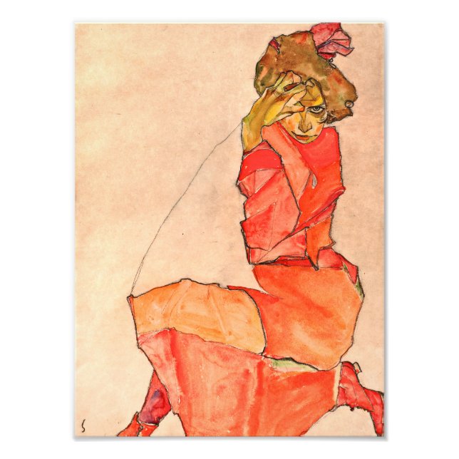 Egon Schiele - Kneeling Female in Orange Red Dress Fototryck (Framsidan)