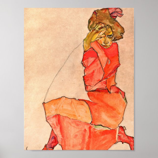 Egon Schiele - Kneeling Female in Orange Red Dress Poster (Framsidan)
