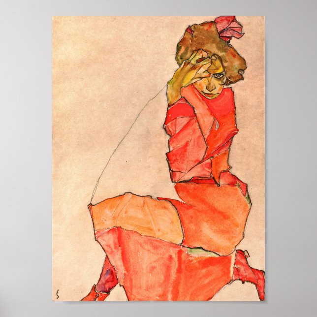 Egon Schiele - Kneeling Female in Orange Red Dress Poster (Framsidan)