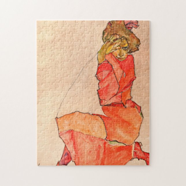 Egon Schiele - Kneeling Female in Orange Red Dress Pussel (Vertikal)