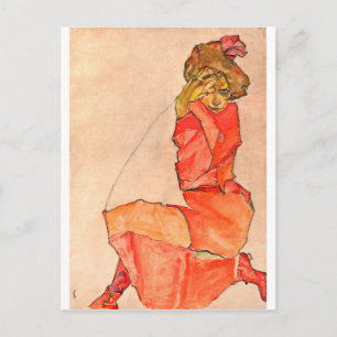 Egon Schiele - Kneeling Female in Orange Red Dress Vykort