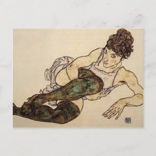Egon Schiele- Reclining Woman with Grönt Stockings Vykort (Framsida)