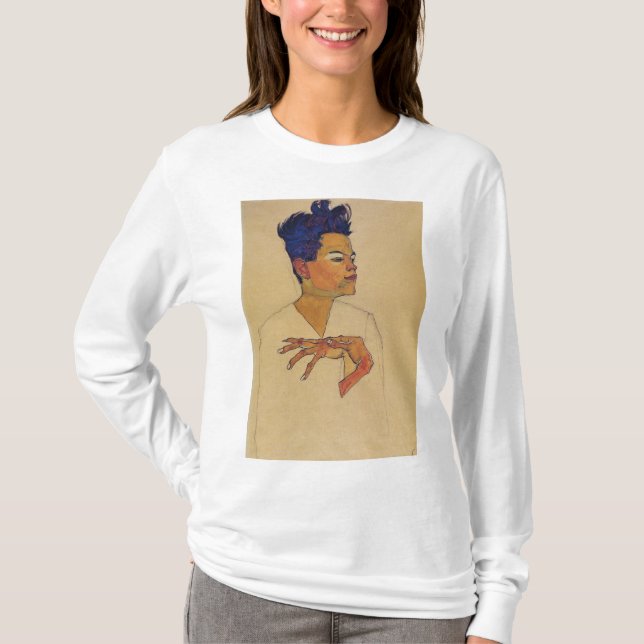 Egon Schiele - Självporträtt med Händer på tävling T Shirt (Framsida)