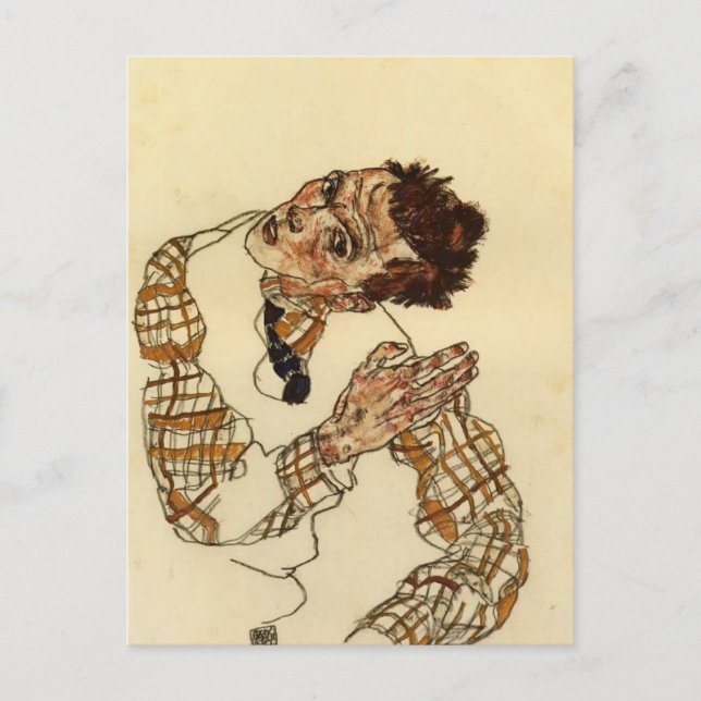 Egon Schiele-Självporträtt med kontrollerad Shirt Vykort (Framsida)