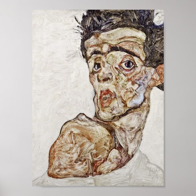 Egon Schiele - Självporträtt med Razed Shoulder Poster (Framsidan)