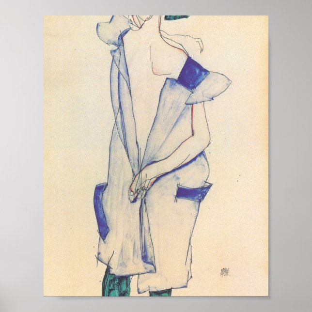 Egon Schiele - Stående flicka i blått och Grönt Poster (Framsidan)