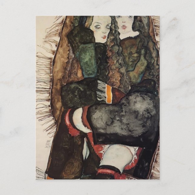 Egon Schiele-Two Girls på en fringrad Blanket Vykort (Framsida)