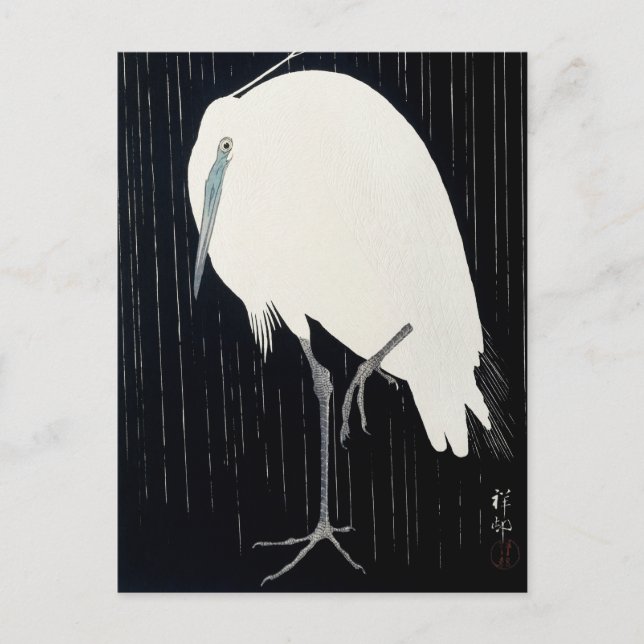 Egret in Rain Painting by Ohara Koson Vykort (Framsida)