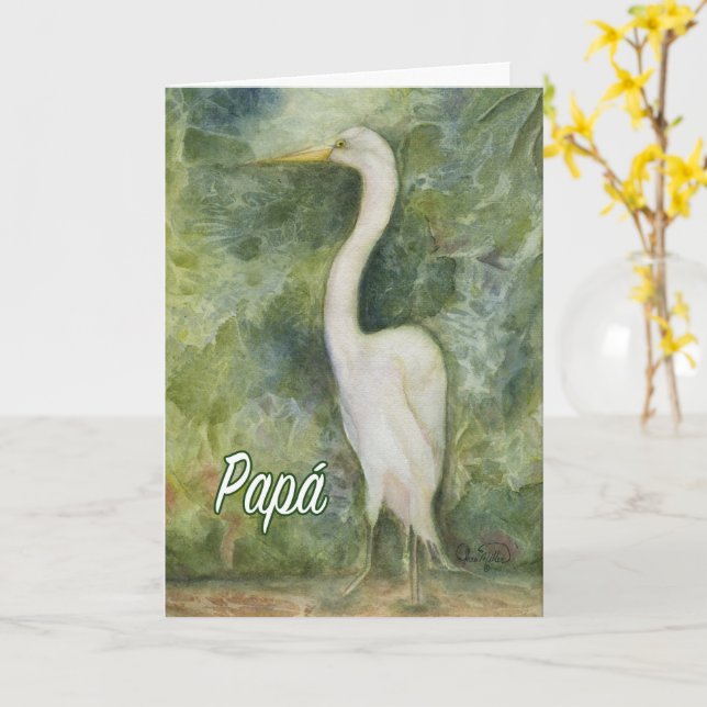 Egret white bird Pappa Spansk födelsedagskort Kort (Gul blomma)