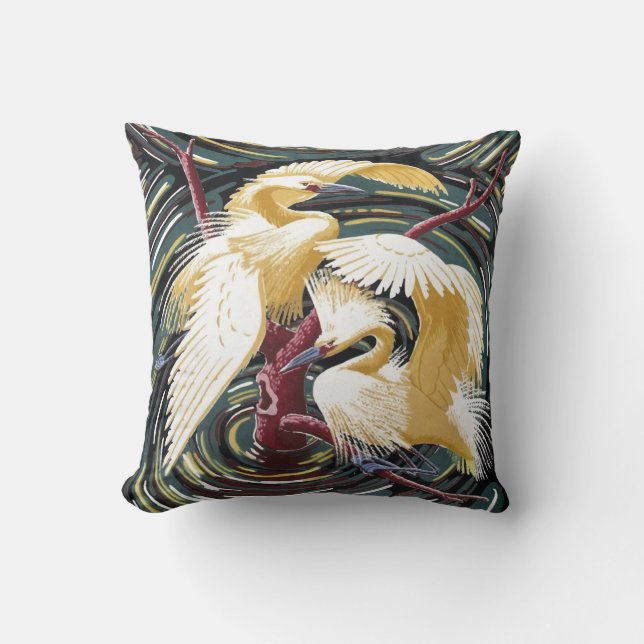 Egrets - Vintage Barkcloth Design Repro Kudde (Framsida)
