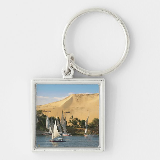 Egypten, Aswan, Nile River, Felucca-segelbåtar, 2 Fyrkantig Silverfärgad Nyckelring (Framsidan)
