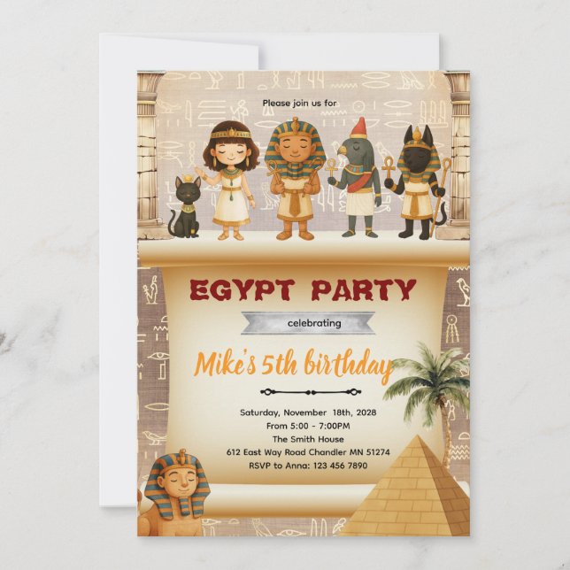 Egypten barn födelsedagsfest Inbjudan (Framsida)
