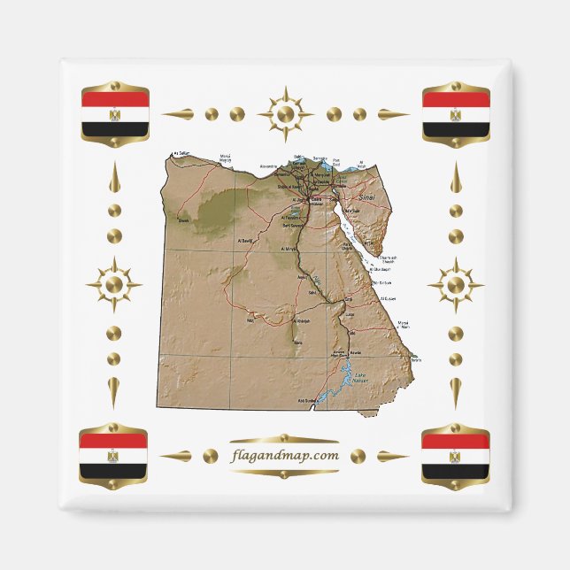 Egypten Karta + Flaggor Magnet (Framsidan)