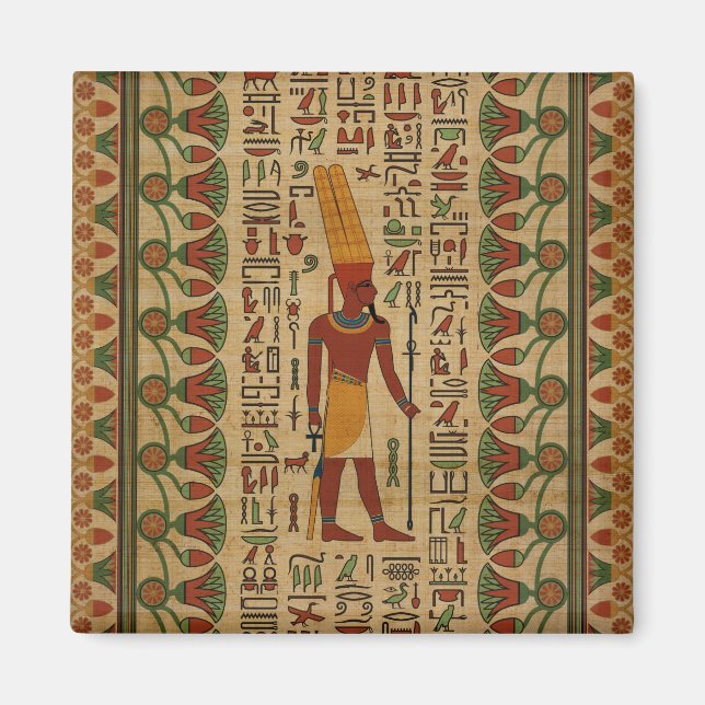 Egyptian Amun Ra - Amun Re Ornament på papyrus Magnet (Framsidan)