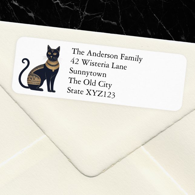 Egyptian Black Cat Elegant Personlig Returadress Etikett (A stylish, personalized return address label, with picture of an elegant Egyptian black cat)