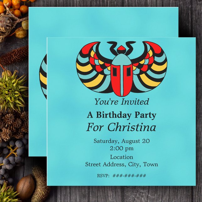 Egyptian Colorful Vibrant Scarab Beetle Birthday Inbjudningar (Brightly coloured Egyptian scarab beetle on vibrant aqua  blue birthday party invitations.)