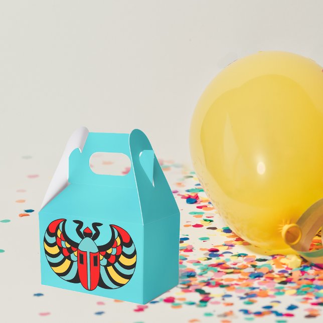 Egyptian Colorful Vibrant Scarab Beetle Presentaskar (Abstract black Scarab beetle with colourful markings on aqua blue party favor box.)