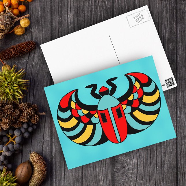 Egyptian Colorful Vibrant Scarab Beetle Vykort (Brightly coloured Egyptian scarab beetle on aqua blue postcard.)