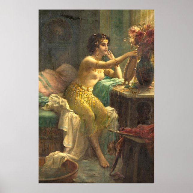 Egyptian Girl vid Dressing Bord av Hans Zatzka Poster (Framsidan)