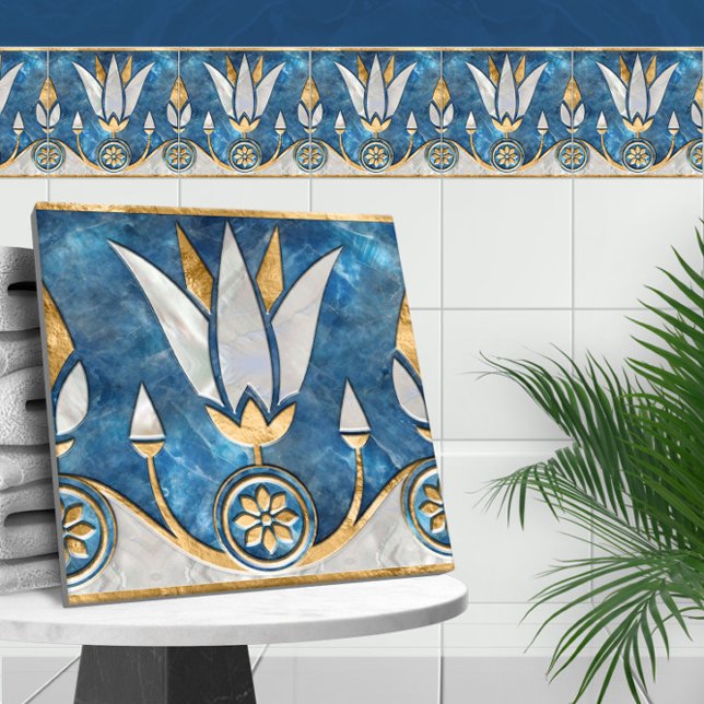 Egyptian Lotus Gräns - Blue Marble, Pearl Guld Kakelplatta (Skapare uppladdad)
