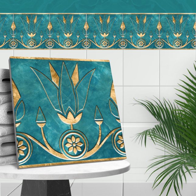 Egyptian Lotus Gräns - Turquise Marble och Guld Kakelplatta (Skapare uppladdad)