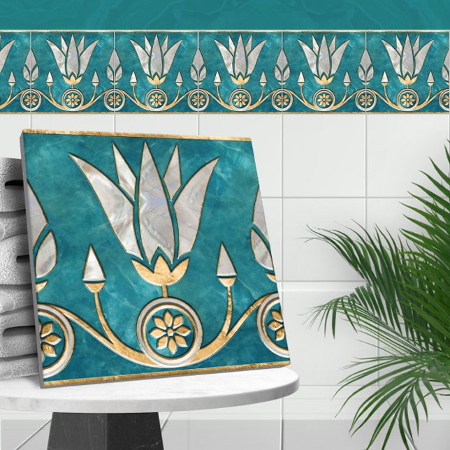 Egyptian Lotus Gräns - Turquise Pearl och Guld Kakelplatta (Skapare uppladdad)