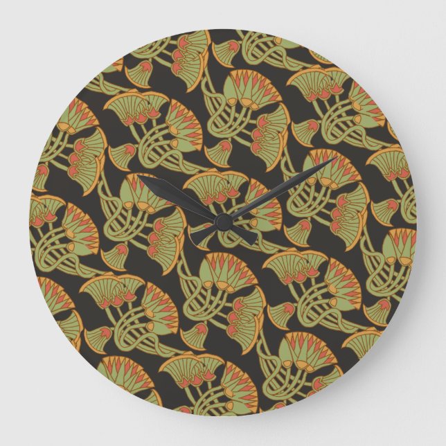 Egyptian Lotus och Papyrus, Black Wall Clock Stor Klocka (Framsida)