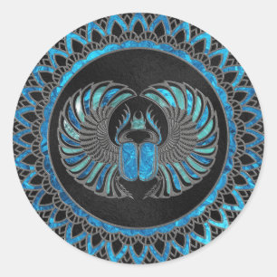 Egyptian Scarab Beetle - Guld och Blue glass Runt Klistermärke