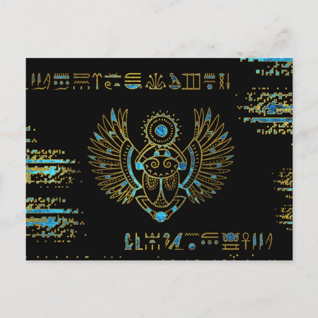 Egyptian Scarab Beetle Guld och blue nedfläckad gl Vykort (Framsida)