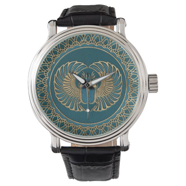 Egyptian Scarab Beetle Guld på Teal Leather Armbandsur (Framsida)