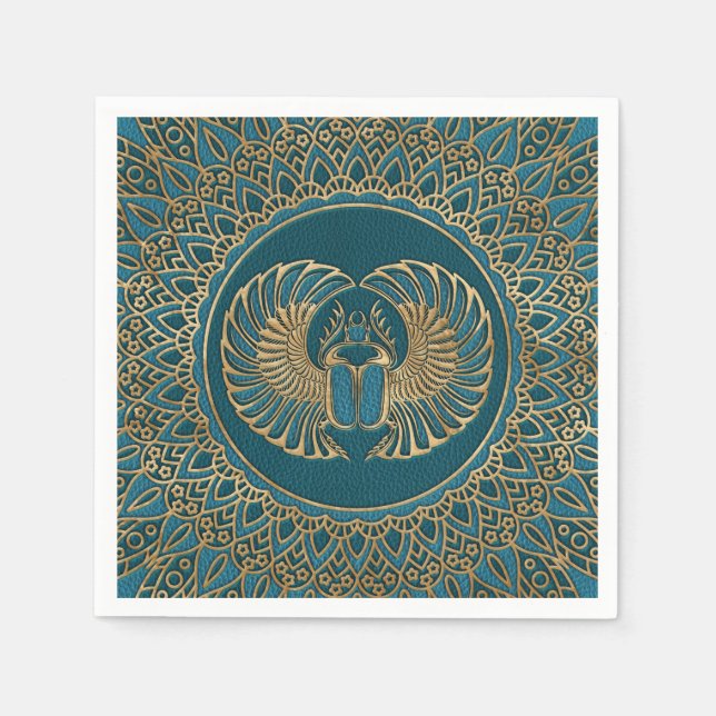 Egyptian Scarab Beetle Guld på Teal Leather Pappersservett (Framsidan)