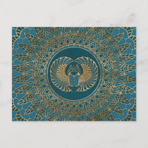 Egyptian Scarab Beetle Guld på Teal Leather Vykort