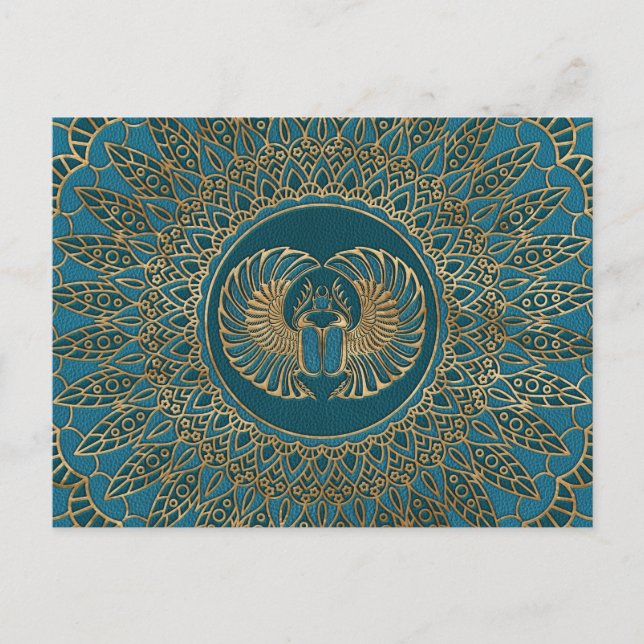 Egyptian Scarab Beetle Guld på Teal Leather Vykort (Framsida)