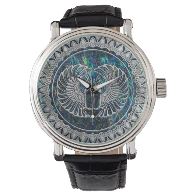 Egyptian Scarab Beetle Silver och Abalone Armbandsur (Framsida)