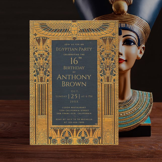 Egyptian Thédold Birthday Elegant Guld Blue Vintag Inbjudningar (Skapare uppladdad)