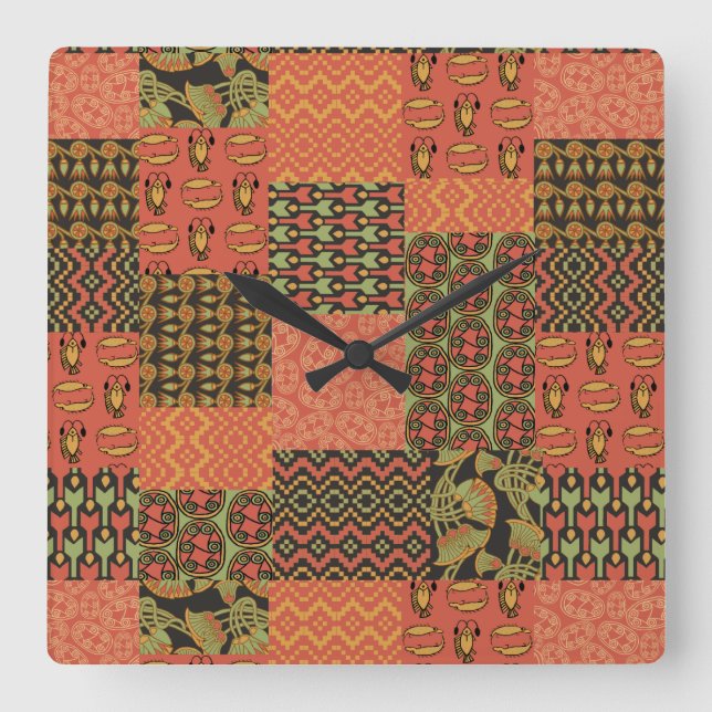 Egyptian Tribal Faux Patchwork Square Wall Clock Fyrkantig Klocka (Framsida)