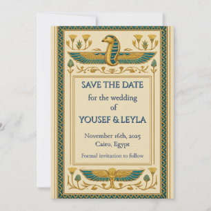 Egyptisk Bevingad Kobra Lotus Guld Save the Date Inbjudningar