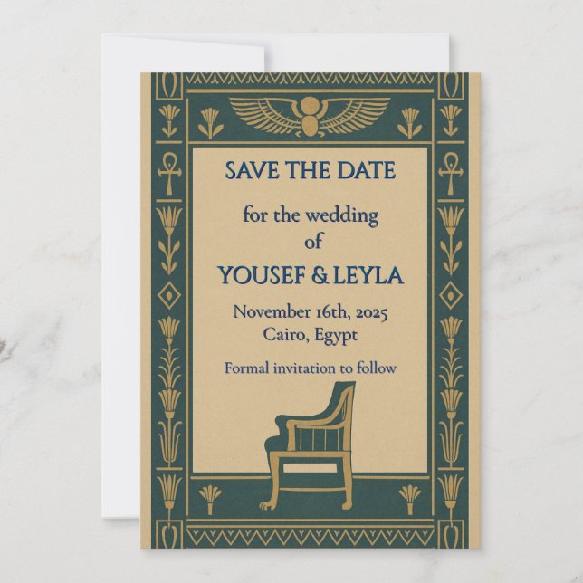 Egyptisk Bevingad Skarabé Tron Guld Save the Date Spara Datumet (Framsida)