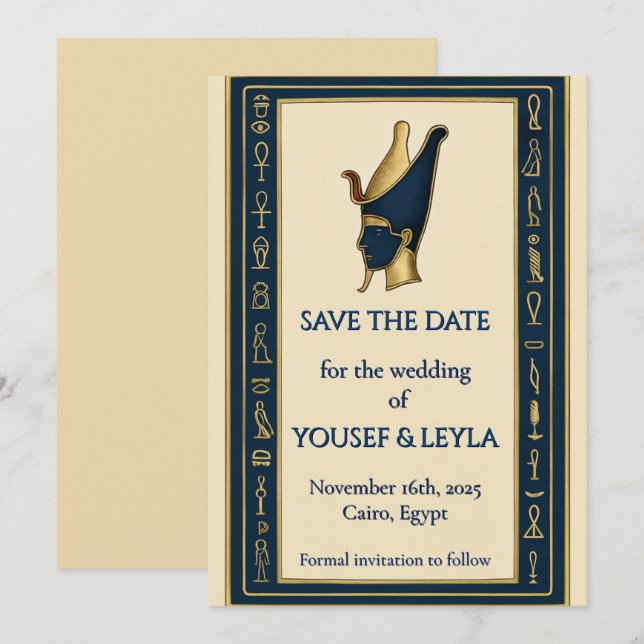 Egyptisk faraoprofil Guld save the date Spara Datumet (Fram/baksida)