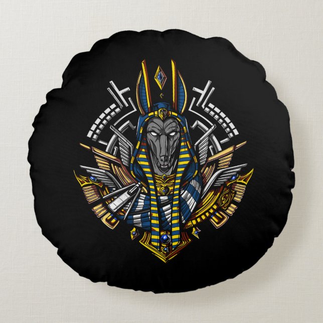 Egyptisk Gud Anubis Antik Varg Farao Rund Kudde (Framsidan)