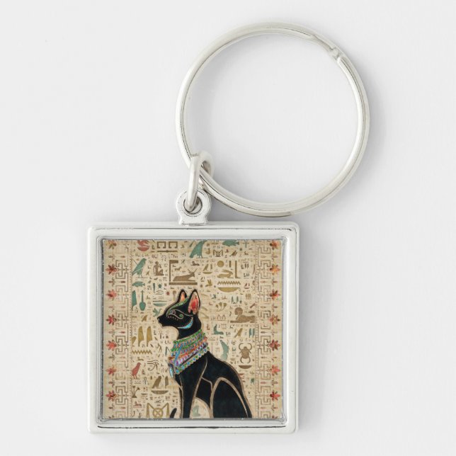 Egyptisk katt - Bastet on papyrus Fyrkantig Silverfärgad Nyckelring (Framsidan)