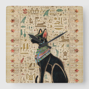 Egyptisk katt - Bastet på papyrus Fyrkantig Klocka