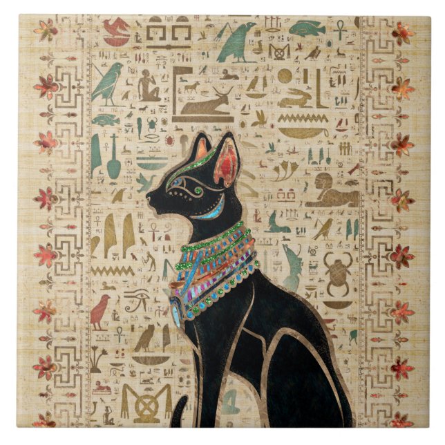 Egyptisk katt - Bastet på papyrus Kakelplatta (Framsidan)