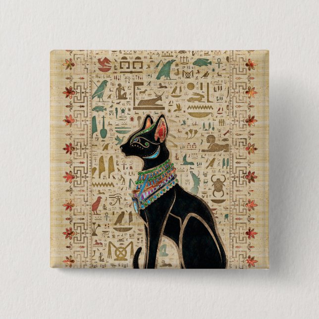 Egyptisk katt - Bastet på papyrus Knapp (Framsida)