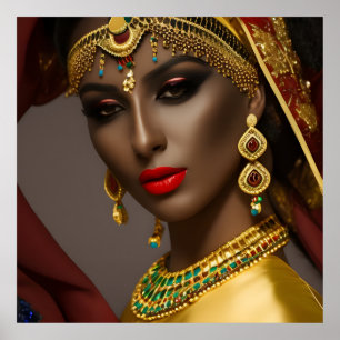 Egyptisk kvinna Exotisk huvudduk guld grön blå Poster
