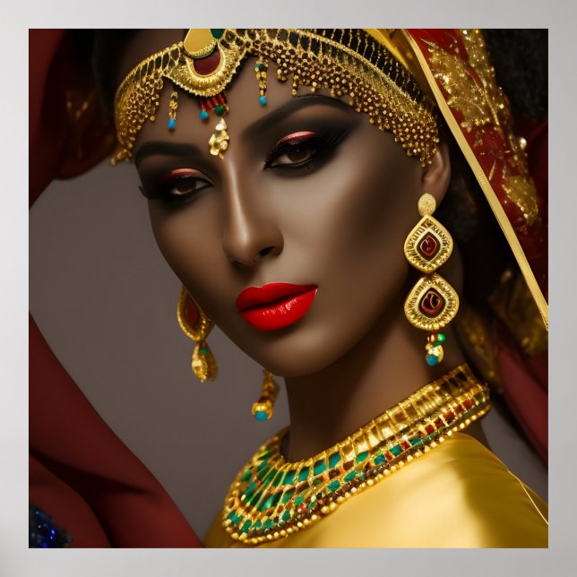 Egyptisk kvinna Exotisk huvudduk guld grön blå Poster (Framsidan)