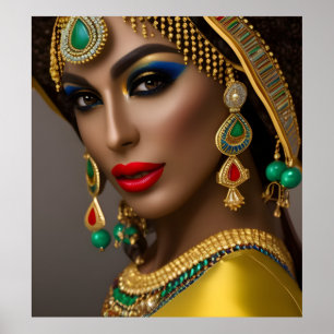 Egyptisk kvinna Exotisk huvudprydnad guld grön blå Poster
