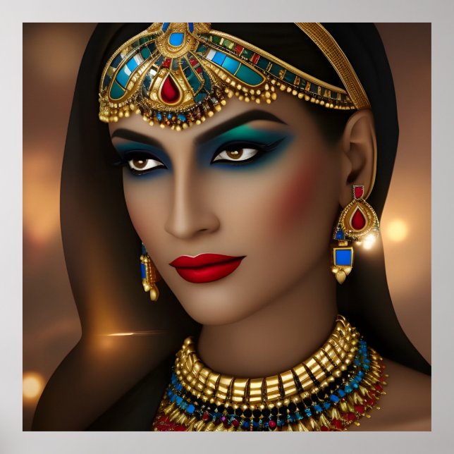 Egyptisk kvinna Vacker Exotisk guld gröna smycken  Poster (Framsidan)